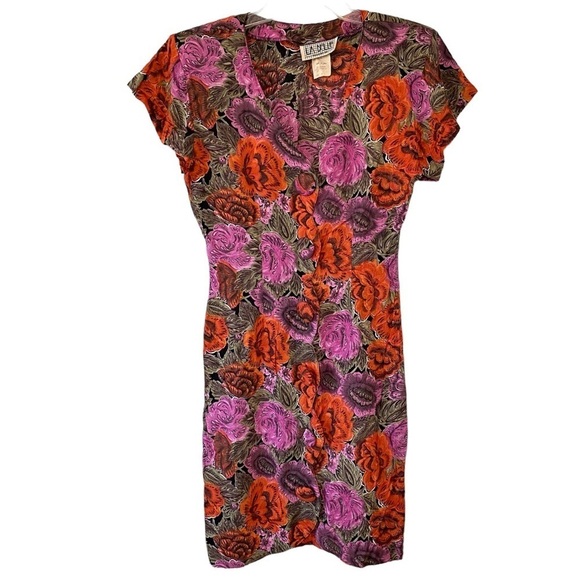 Vintage Floral La Belle Fashion Dress Oversized Buttons Sz Small - Picture 1 of 10